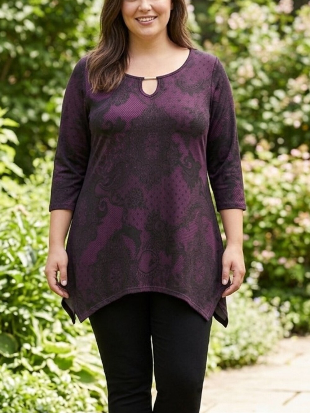 Ispiri Purple Black Keyhole Tunic Top Size S Stretch Floral Print 3/4 Sleeve